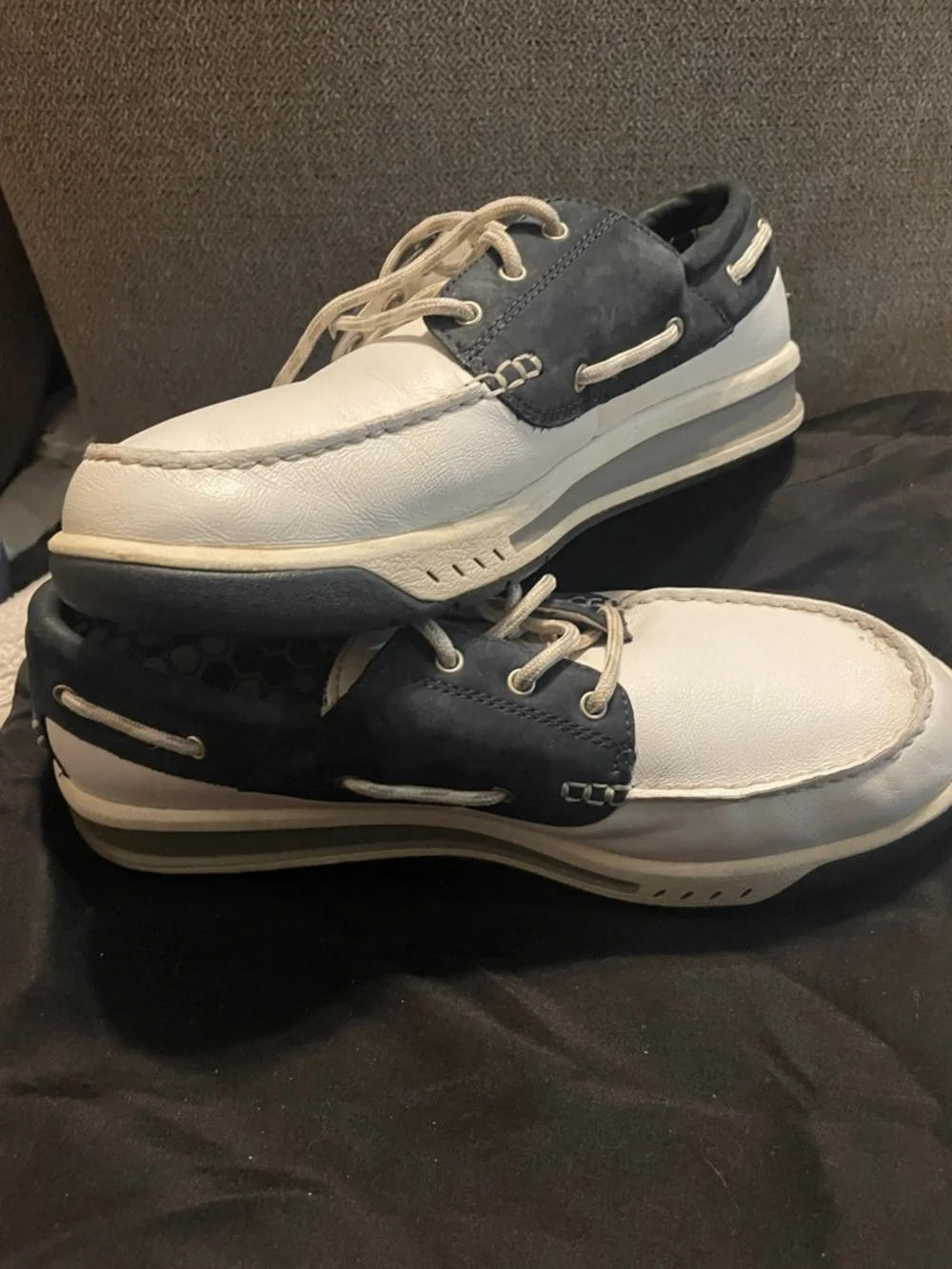 Timberland Two-Tone White and Navy Leather Boat Shoes